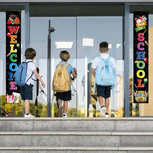 Vista 6 de Cartel de bienvenida de regreso a la escuela para puerta, porche, primer día de escuela, pancartas de tela colgantes, banderas, letreros