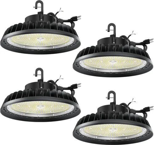 Vista 9 de UFO - Luz LED de alta bahía de 100 W, luces LED de alta bahía de 14,000LM, 0-10 V, regulable, cable de 6 pies con enchufe estadounidense, gancho