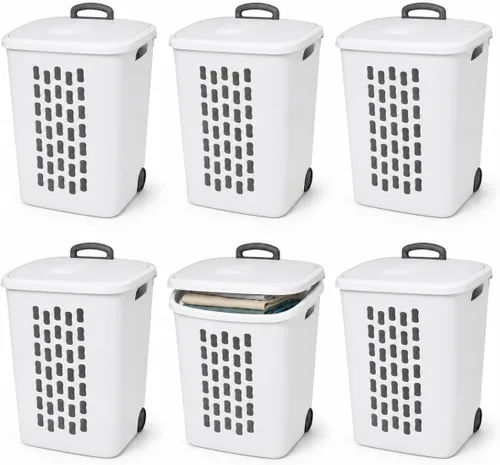 Vista 10 de Sterilite Paquete de 3 Cestas de Ropa Ultra con Ruedas, Cesta de Lavandería con Tapa Abatible y Mango Retráctil - Carrito de Almacenamiento de Ropa