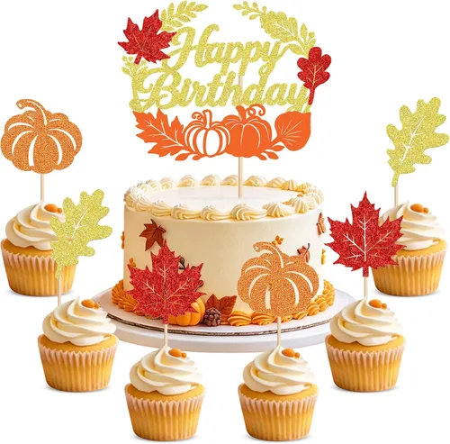 Vista 10 de Ercadio Paquete de 30 adornos para cupcakes con hojas de arce de otoño, purpurina dorada, hojas de arce de otoño, cosecha de otoño, temática de A-Oro