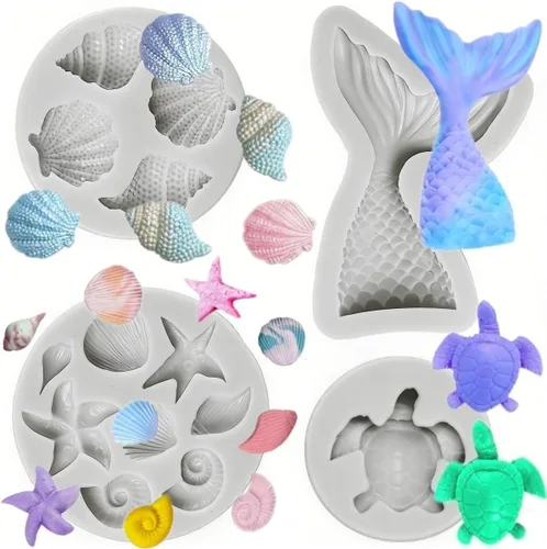 Vista 7 de Molde de silicona para tartas con temática de sirena, concha, estrella de mar, cola de sirena, molde para cupcakes para dulces, chocolate, fondant