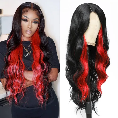 Vista 8 de Peluca de cabello sintético ondulado con encaje frontal, peluca marrón con reflejos rubios, pelucas largas onduladas de 28 pulgadas para mujeres
