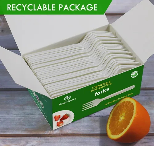 Vista 5 de Tenedores, cucharas y cuchillos biodegradables y compostables, cubertería CPLA pesada., Blanco, 100