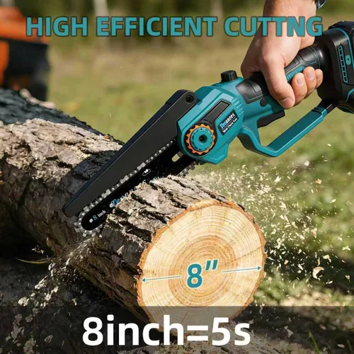 Vista 2 de Motosierra eléctrica inalámbrica de 8 pulgadas con baterías de 2 x 4.0 AH, motosierra de mano a batería para poda de árboles, corte de madera y Azul