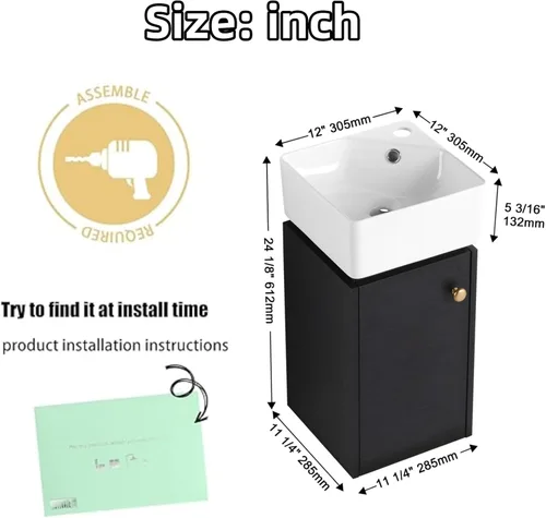Vista 2 de Tocador de baño flotante de 12 pulgadas con fregadero, tocador de pared de 12 pulgadas, tocador de esquina, con 1 puerta y lavabo de cerámica