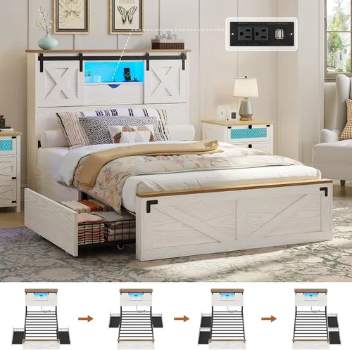 Vista 10 de Marco de cama de granja tamaño individual con 2 cajones de almacenamiento, plataforma de madera con luces LED y estación de carga, cabecera