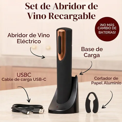 Vista 4 de Abrebotellas de vino eléctrico recargable, base de carga y cortador de papel de aluminio incluido con abridor automático de vino, sacacorchos Negro