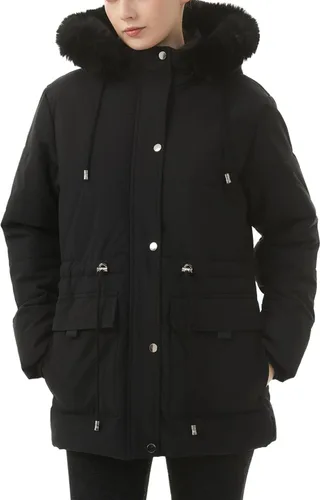 Vista 2 de MOERDENG Abrigo de plumas de invierno cálido para mujer, chaqueta de plumón con forro polar grueso, capucha desmontable de piel sintética, parka