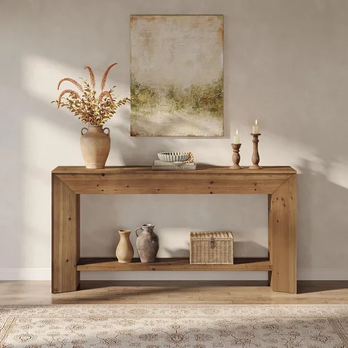 Vista 4 de Mesa consola de madera maciza, mesa de entrada de 63 pulgadas con almacenamiento, mesa de sofá de madera larga de 2 niveles detrás del sofá