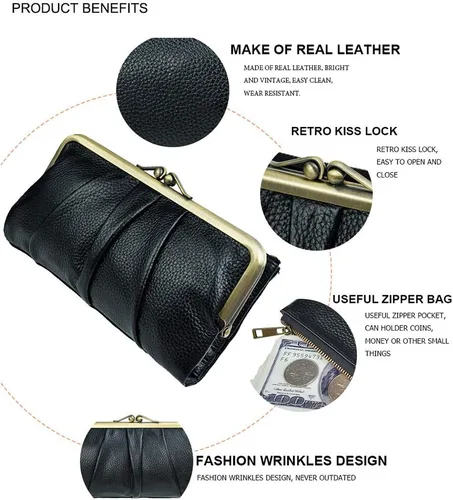 Vista 3 de Carteras de cuero suave para mujer compactas plegables RFID monedero con cremallera y bloqueo de beso Negro - Vintage