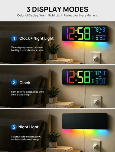 Vista 7 de RGB Large Digital Wall Clock, 15.7" Digital Clock Large Display with Remote LED Alarm Clocks with Night Light, DST, Date, Temperature for Living