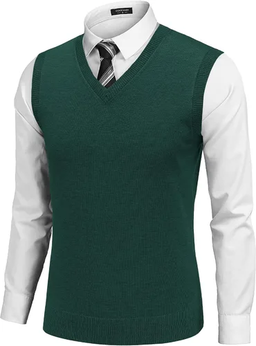 Vista 14 de COOFANDY Suéter sin mangas para hombre, chaleco con cuello en V, jersey de algodón sólido Azul claro