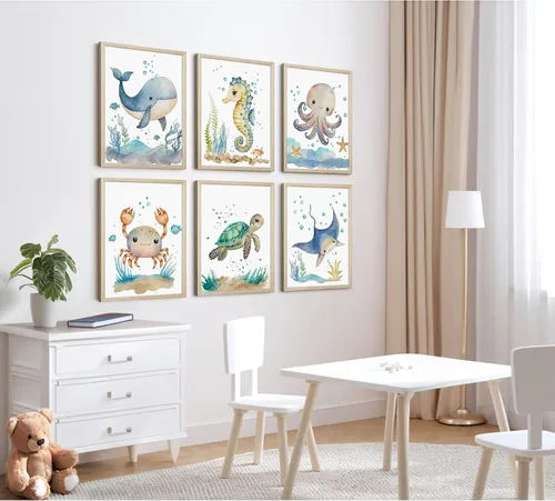Vista 3 de Juego de 6 decoración de pared de animales marinos para guardería, lienzo de acuarela de océano, arte de pared para habitación de bebés y niños