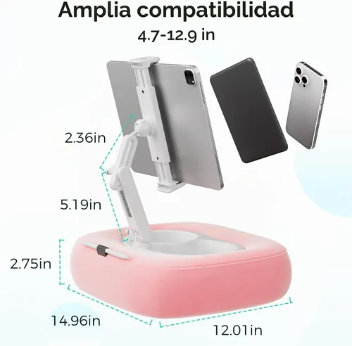 Vista 7 de Soporte de almohada para tableta, soporte ajustable para Kindle con 2 cuencos para aperitivos, soporte ajustable para iPad de 360° para cama