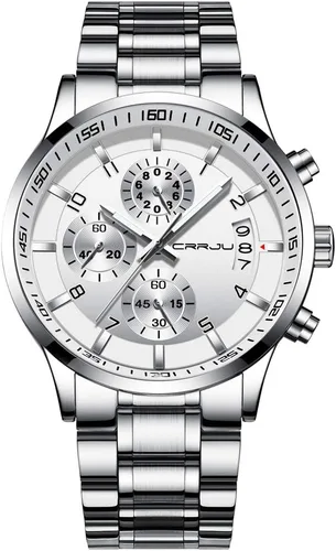 Vista 18 de CRRJU - Relojes de moda para hombre de acero inoxidable, cronógrafo, impermeables con fecha, de pulsera, correa de acero inoxidable, resistente al