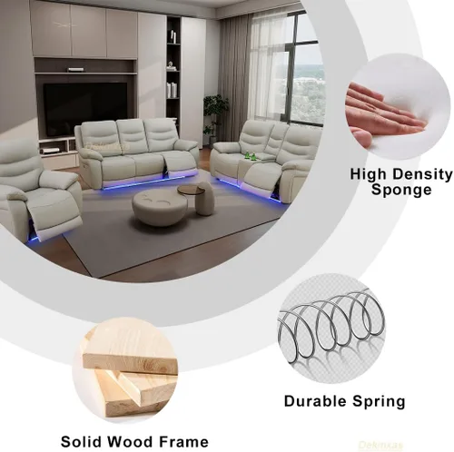 Vista 64 de Juego de sofá reclinable eléctrico, seccional de cuero transpirable beige, juego de muebles de sala de estar, 2 piezas, sofá reclinable eléctrico