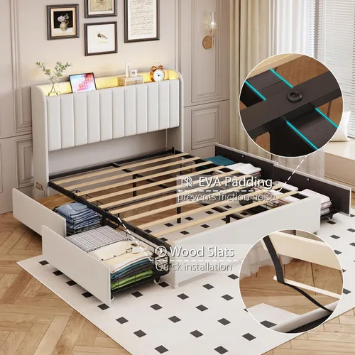 Vista 7 de Marco de cama completa con 4 cajones y cabecera de almacenamiento, marco de cama de plataforma tapizada tamaño completo con luces LED y práctica