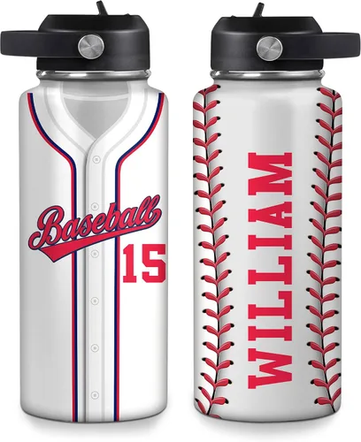 Vista 30 de Hyturtle Botella de agua de béisbol personalizada, botella de acero inoxidable aislada de viaje con tapa a prueba de fugas, 18 onzas, 32 onzas