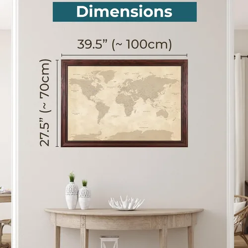 Vista 2 de Lienzo - Mapa de viaje personalizado con pasador de empuje vintage con marco rojo cereza de madera maciza