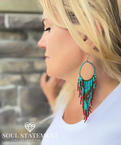 Vista 7 de Western Earring Bundle for Women Boho Turquoise Patina Tassels & Handmade Colorful Bead Dangles for Concerts & Festivals