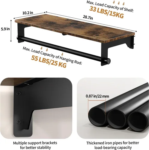 Vista 2 de Luxspire Perchero de 28.7 pulgadas, perchero montado en la pared con estante superior para colgar ropa, perchero industrial resistente, estantes