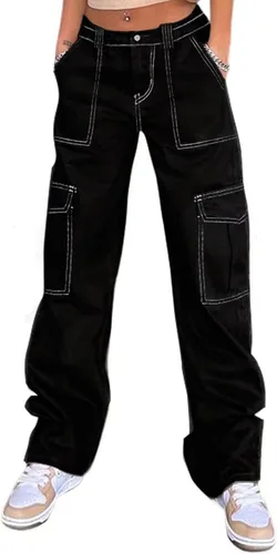 Vista 2 de YUTANRAL Pantalones cargo para mujer, cintura alta, pierna ancha, a la moda, casual, holgados, Y2K, pantalones de senderismo con bolsillos, negro