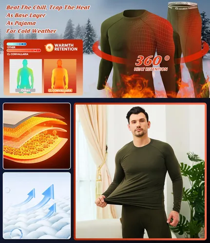 Vista 7 de CL convallaria Ropa interior térmica para hombre, ropa interior larga con forro polar, capa base para clima frío, XS-4XL