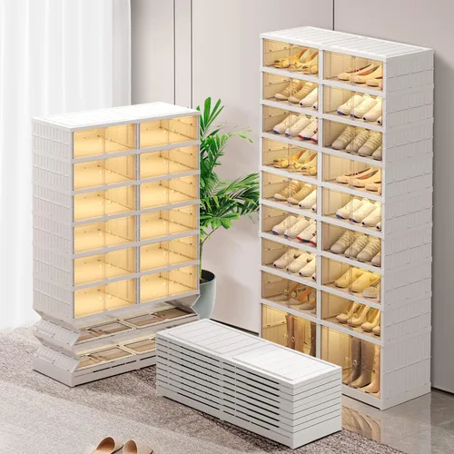 Vista 10 de CIMLORD Zapatero plegable de 3 niveles para armario, 12 pares de estantes de plástico para zapatos, caja de almacenamiento plegable para zapatos