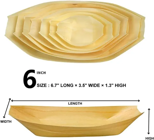 Vista 3 de Bandejas desechables de madera para servir, paquete de 100 platos desechables de 7 pulgadas, platos desechables para aperitivos, sushi, postres