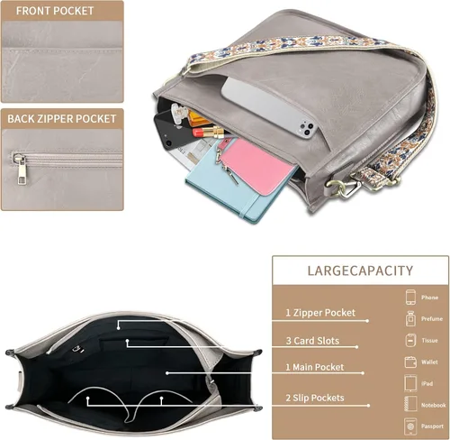 Vista 2 de KITATU 2 bolsos cruzados para mujer, bolsos de mano hobo de hombro de diseñador bolso de cuero vegano con 2 correas
