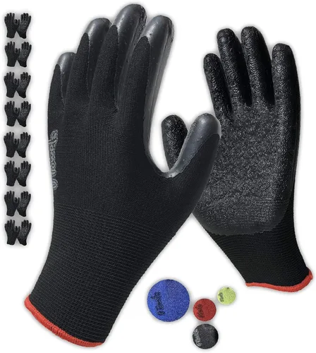 Vista 10 de Guantes de seguridad recubiertos para el trabajo, paquete de 8 pares, agarre firme, uso general y jardinería, para hombres y mujeres (talla S, rojo)