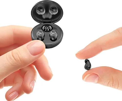Vista 10 de Auriculares Bluetooth invisibles para orejas pequeñas, auriculares inalámbricos discretos, morado, funda de carga con pantalla LED inteligente