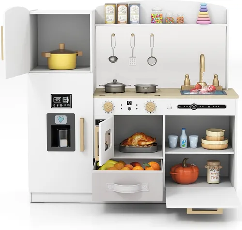 Vista 12 de Costzon Juego de cocina para niños, juego de madera para niños pequeños con luces y sonidos reales, fregadero, grifo, dispensador de agua, Blanco