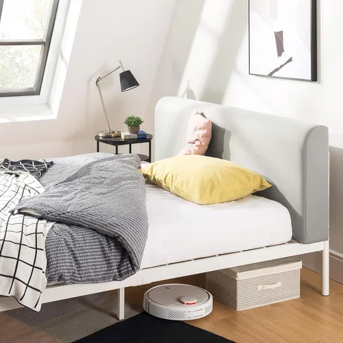Vista 6 de Mellow BREE - Cama de plataforma de metal con cabecera curvada y tapizada, listones de acero, fácil montaje, gris cielo, tamaño matrimonial