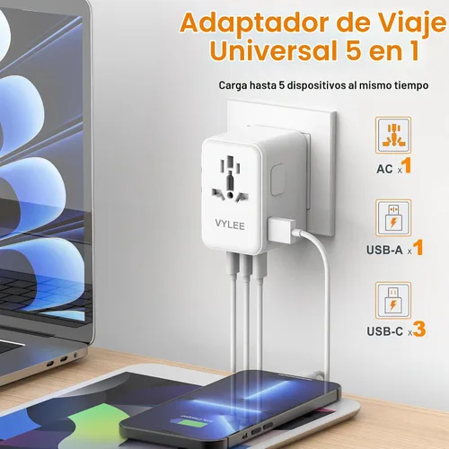 Vista 2 de VYLEE PD100W GaN Adaptador de Viaje Universal, Adaptador de Corriente Internacional Todo en Uno, 3 USB C y 1 USB A y Salida de CA, Adaptador
