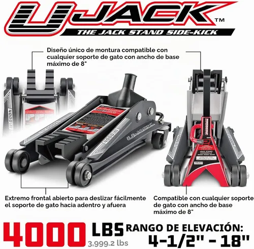 Vista 2 de Powerbuilt 620516 Gato para garaje U-Jack de 2 toneladas, capacidad de carga de 3000 libras, rango de elevación: de 4-1/2 pulgadas a 18-3/4