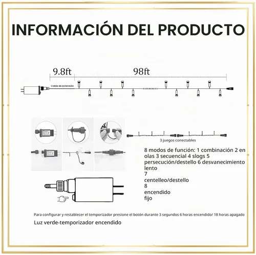 Vista 4 de Luces de Cadena de Navidad, 100 pies 300 Luces LED de Cadena Cable Verde con Temporizador 8 Modos, Decoración Impermeable Conectable para Interiores