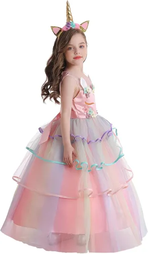 Vista 5 de Vestido de princesa de unicornio para niña vestido largo de tul arco iris ropa de cumpleaños para niños Arco iris