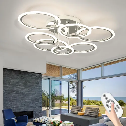 Vista 9 de Lámpara de techo LED, lámpara de techo moderna de 6 anillos, 77 W regulable 3000K a 6500K, luz de techo blanca con control remoto para sala