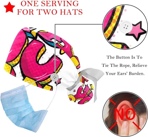 Vista 3 de Working Cap with Buttons Sweatband Ribbon Tie Back Bouffant Hats, White Cat Animal
