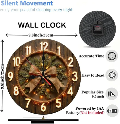 Vista 3 de Illuminated Bow & Pine Wreath Wooden Wall Clock 25x25cm