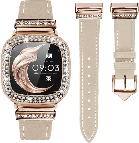 Vista 13 de Correa de cuero compatible con Fitbit Sense 2/Versa 4 para mujeres, elegante correa de cuero con hebilla metálica en forma de D con strass con funda