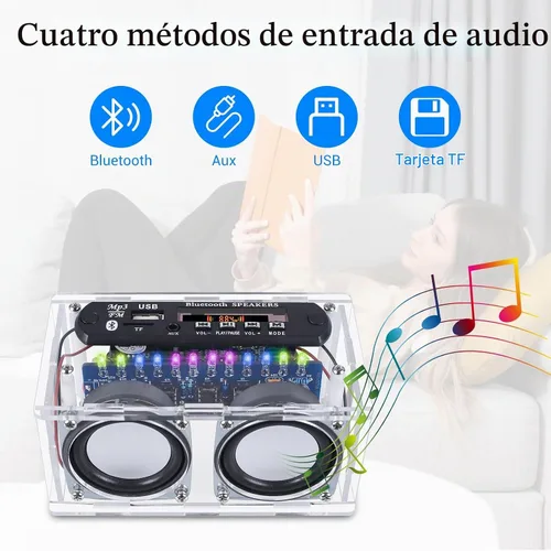 Vista 4 de Kit de altavoces compatible con Bluetooth, función de grabación, kit de práctica de soldadura de radio FM con espectro LED, soporte