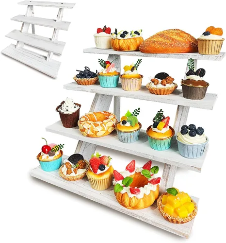 Vista 7 de Soporte de madera de acacia para cupcakes de 4 niveles de madera rústica para cupcakes para bodas, fiestas y postres