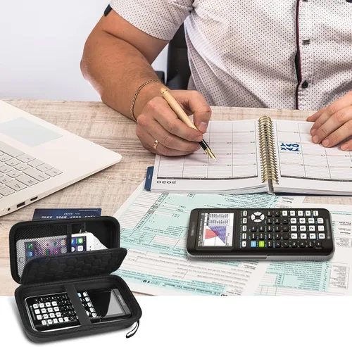 Vista 6 de PAIYULE - Funda para calculadora TI-84 83 Plus CE, EVO, TI-Nspire CX II, color negro Hard shell calculator case, zip mesh pocket, elastic strap