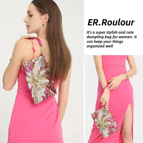 Vista 6 de ER.Roulour Bolso de paja de verano para mujer, bordado floral, bolso de mano de paja tejido para playa, fiesta, boda