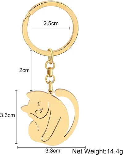 Vista 3 de RAIDIN Llavero de acero inoxidable chapado en oro con bonito diseño de gato, regalo para mujeres y niñas, llavero para coche, monedero, llaves