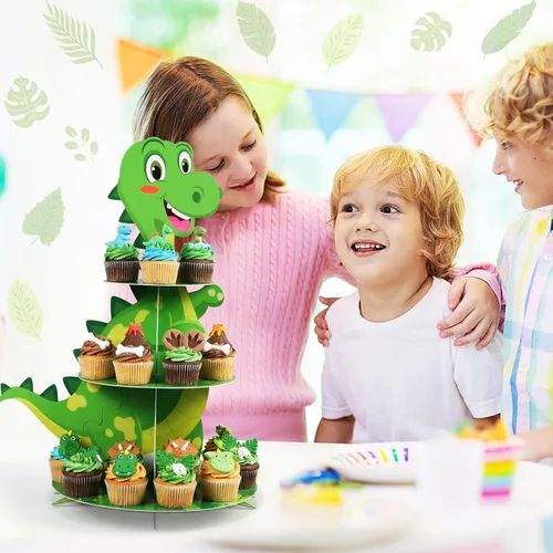 Vista 5 de Censen Soporte para cupcakes de dinosaurio de 3 niveles, decoración de fiesta con temática de dinosaurio, decoración de torre de postre