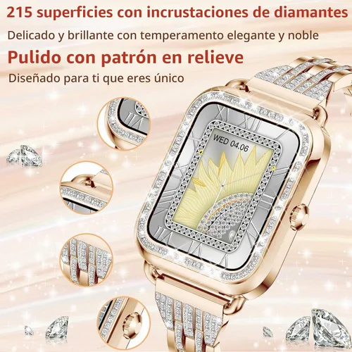 Vista 2 de Relojes inteligentes para mujer con diamantes (respuesta/hacer llamadas), pantalla táctil HD de 1.29 pulgadas, reloj inteligente Android, rastreador