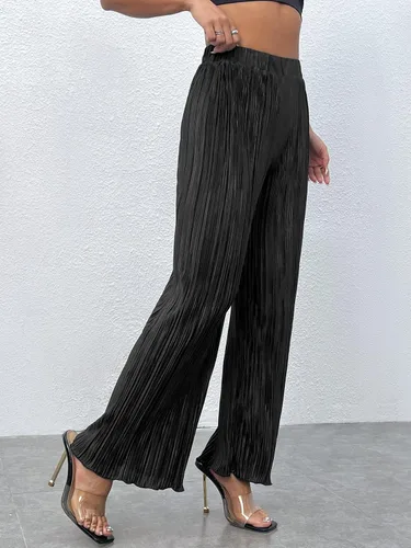Vista 5 de Floerns Pantalones largos con cintura elástica plisada y pierna ancha para mujer